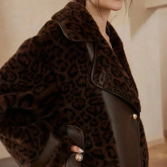 Brown Casual Women's Leopard Print Patchwork Fluffy Faux Leather Aviator Jacket - Picture 8 of 8